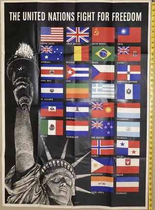 Wwii 1942 Owi Poster 19 The United Nations Fight For Freedom 40x28.  2”
