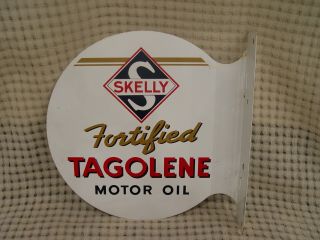 Vintage Skelly Fortified Tagolene Motor Oil 2 - Sided Advertising Flange Sign