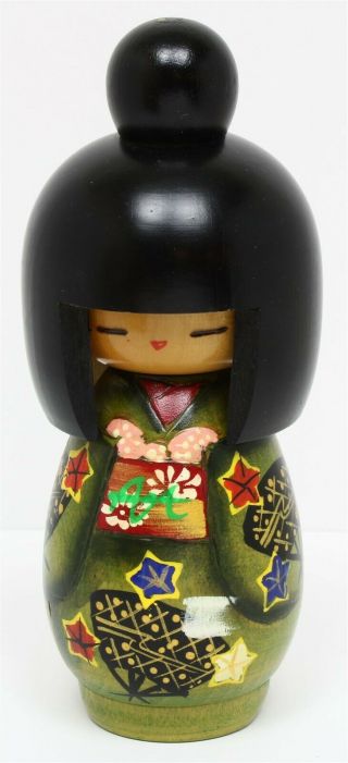 Japanese Kokeshi Wood Doll 6.  25 " Green Kimono Black Hair Girl Handpainted Signed