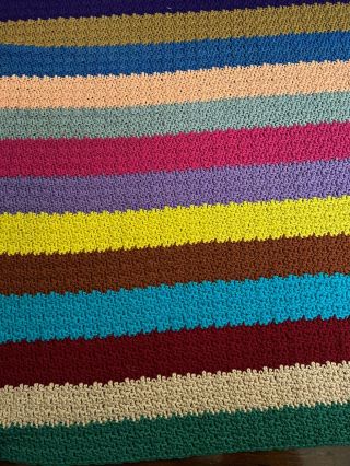Vtg Crocheted Handmade Multicolor Striped Afghan Multicolor Blanket Throw 97x50
