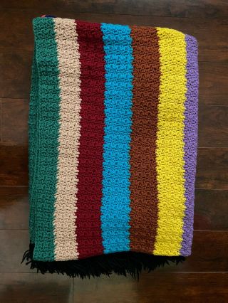 VTG Crocheted Handmade Multicolor Striped Afghan Multicolor Blanket Throw 97X50 3