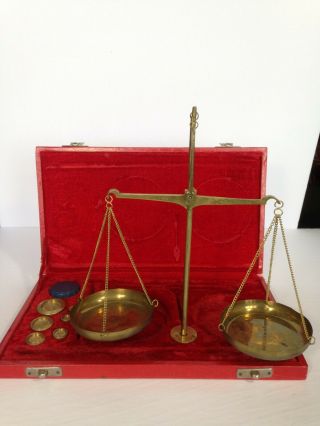Vintage Portable Balance Scale In A Case Brass,  Velvet Lined,  Red