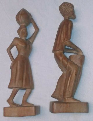 Hand Carved Wooden African Tribal Figurines Man & Woman Statues 13 " - 14 " Tall