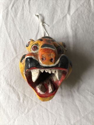 Mexican Hand Painted Tiger Mask Vintage Carved Wood