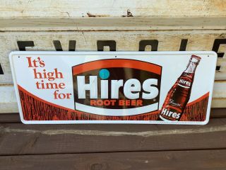 Vintage 1960s Its High Time For Hires Root Beer Embossed Metal Bottle Sign 4154