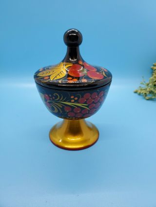 Vintage Russian Ussr Folk Art Hand Painted Wooden Bowl With Lid
