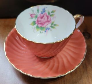 Aynsley Vintage Swirl Tea Cup & Saucer Rose Pattern Orange Bone China - England