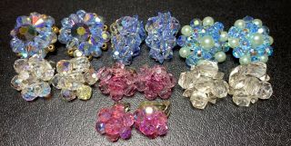 Vtg Glass Ab Crystal Bead Cluster Clip On Earrings Pink Blue Aurora Borealis