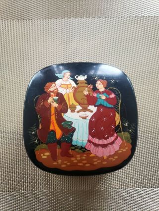 Vintage Hand Painted Russian Lacquer Metal Trinket Box " Tea Time " Palekh C
