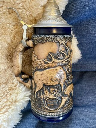 Vintage 1862 Gerz Wolf Fox Handle Lidded Beer Stein Wild Boar Hunt Stag German