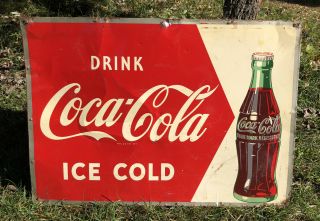 Vtg 1950s Coca Cola Soda Pop “drink Ice Cold” Sign 27”x19” Tin Coke Soda Bottle