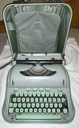 Vintage Hermes 3000 Green Portable Typewriter With Case - 1963 Swiss
