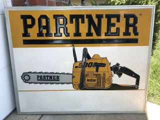 Partner Chain Saw Dealership Large 58 " X 46” Vintage Embossed Metal Framed Sign