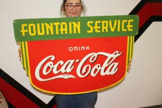 Large Coca Cola Fountain Service Soda Pop Gas Oil 2 Side36 " Porcelain Metal Sign
