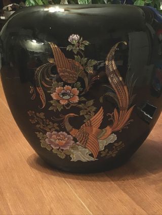 Vtg Shibata Style Japanese Vase Glossy Black Asian Vase W/ Gold Floral & Peacock