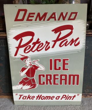 Vintage 1940s Peter Pan Ice Cream Embossed Tin Advertising Sign Cond.