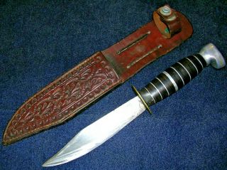 Unusual Wwii Era Theater Made Fighting Knife Stacked Leather Handle