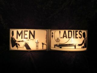 Vintage Art Deco Pair " Men " & " Ladies " Theater Milk Glass Restroom Lighted Signs