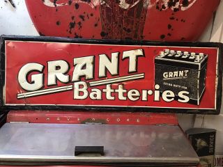 Vtg 1960 Grant Batteries Tin Sign 54 " X 18 " Gas & Oil