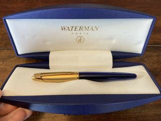 Waterman Edson Fountain Pen Fine Sapphire Blue With Gold Trim Rare