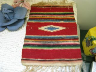 Vtg Mexican Saltillo Serape Wool Dresser Scarf Fine Weave Fringe 9 1/2 " X 6 1/2 "