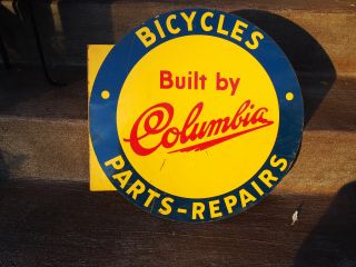 Vintage Columbia Bicycle Double Sided Flange Metal Enamel Sign