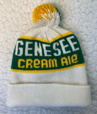 Vintage Genesee Beer Cream Ale Winter Knit Hat,  White,  Green,  Yellow 2