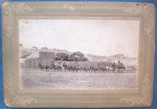 Cabinet Card Photo Of 18 - Horse Team W/ 3 Wagons - Prison Tank (?) - In Ghost Town