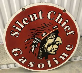 Vintage Silent Chief 30” Porcelain Gas Motor Oil Service Double Sided Sign