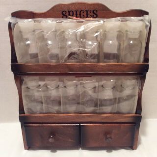 Vintage Wooden Spice Rack 2 Drawers With 12 Glass Spice Old Stock 1960 - 1970s