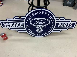 " Ford Service & Parts " Large,  Heavy Double Sided Porcelain Sign (42 " X 18 ")