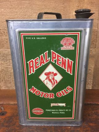 Vintage 1930’s Real Penn Motor Oils 5 Gallon Square Oil Can - Warren Pa -