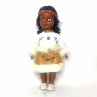 Vintage Native American Indian Girl Doll Plastic Faux Leather Beaded Dress