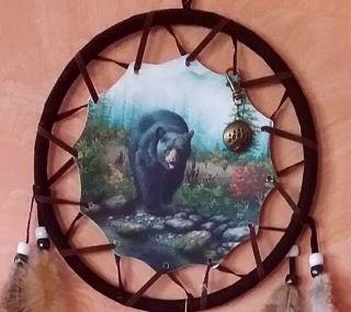 27 " Native American Design Bear Dreamcatcher With Brown Bear Pendant Amulet