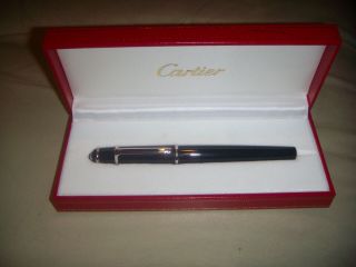 Authentic Cartier Ballpoint Pen Diabolo Black Silver Accents With Blue Gem