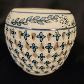 Servin Mexico Hand Painted Art Pottery Tea Light Holder W/intricate Design 4 " X4 "