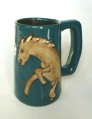 Mara Mexico Teal Art Pottery Horse Stallion Themed Mug 18 Oz Stein Cup