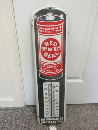 Vintage Advertising Red Seal Batteries Porcelain Thermometer Garage Store M - 350
