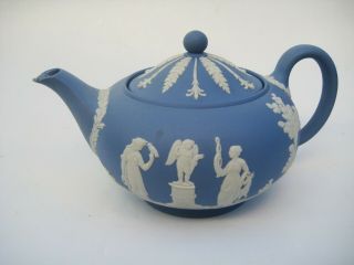 Vintage Wedgwood England Blue & White Jasperware Teapot W/ Lid