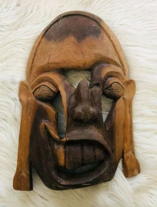 Vintage Wooden African Tribal Art Hand Carved Face Mask,  Natural Wood Formation