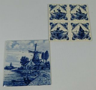 2 Vintage Delft Blauw Blue Tiles Windmill Sailboat Hand Painted 6x6