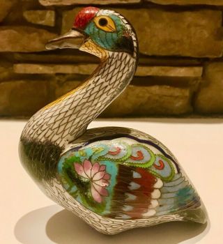 Vintage Chinese Cloisonne Duck Statue 6 " Handmade Colorful Floral Bird Figurine