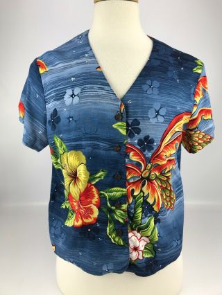 Vintage Hilo Hattie Hawaiian Short Aloha Shirt Hibiscus Women 