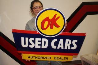 Large Ok Chevrolet Cars Dealership Gas Oil 2 Sided 36 " Porcelain Metal Sign