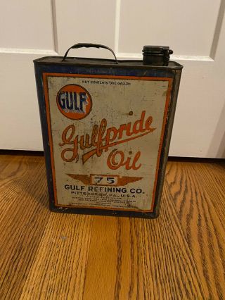 Early Vintage Gulf Refining 75 Gulfpride Oil I Gal Can Garage Rat Rod