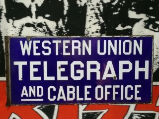 Vtg Western Union Telegraph Cable Office Double Sided Flange Porcelain Sign 31 "
