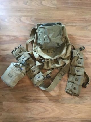 Wwii Us Army Khaki M1 Carbine Ammo Belt Pouch With Mess Kit & Canteen