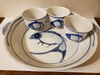 Chinese Cobalt Blue White Jumping Carp Fish Koi Serving Dish With 3 Small Bowls