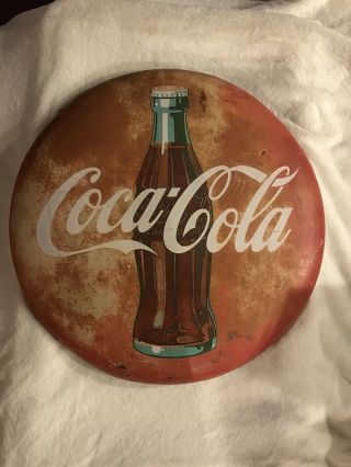Vintage Coca Cola 1950s Metal Button Sign 24 Inches
