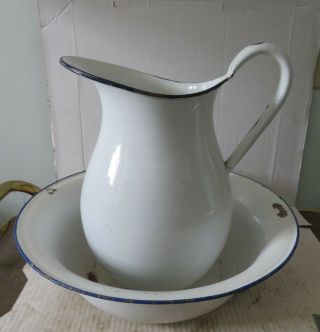 Vintage Enamelware Enamel Pitcher And Wash Bowl Basin White Rustic